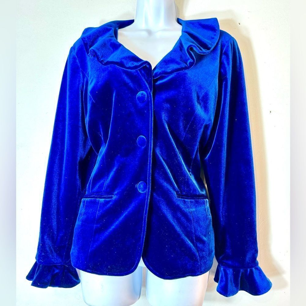 🌸Dialogue Royal Blue Ruffled Collar Velvet Jacket Blazer Size Small (AA4) - Picture 3 of 10